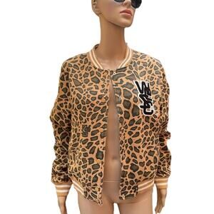 Wesc Varsity Jacket Women Medium University Leopard Snap Fleece-Lined Brown